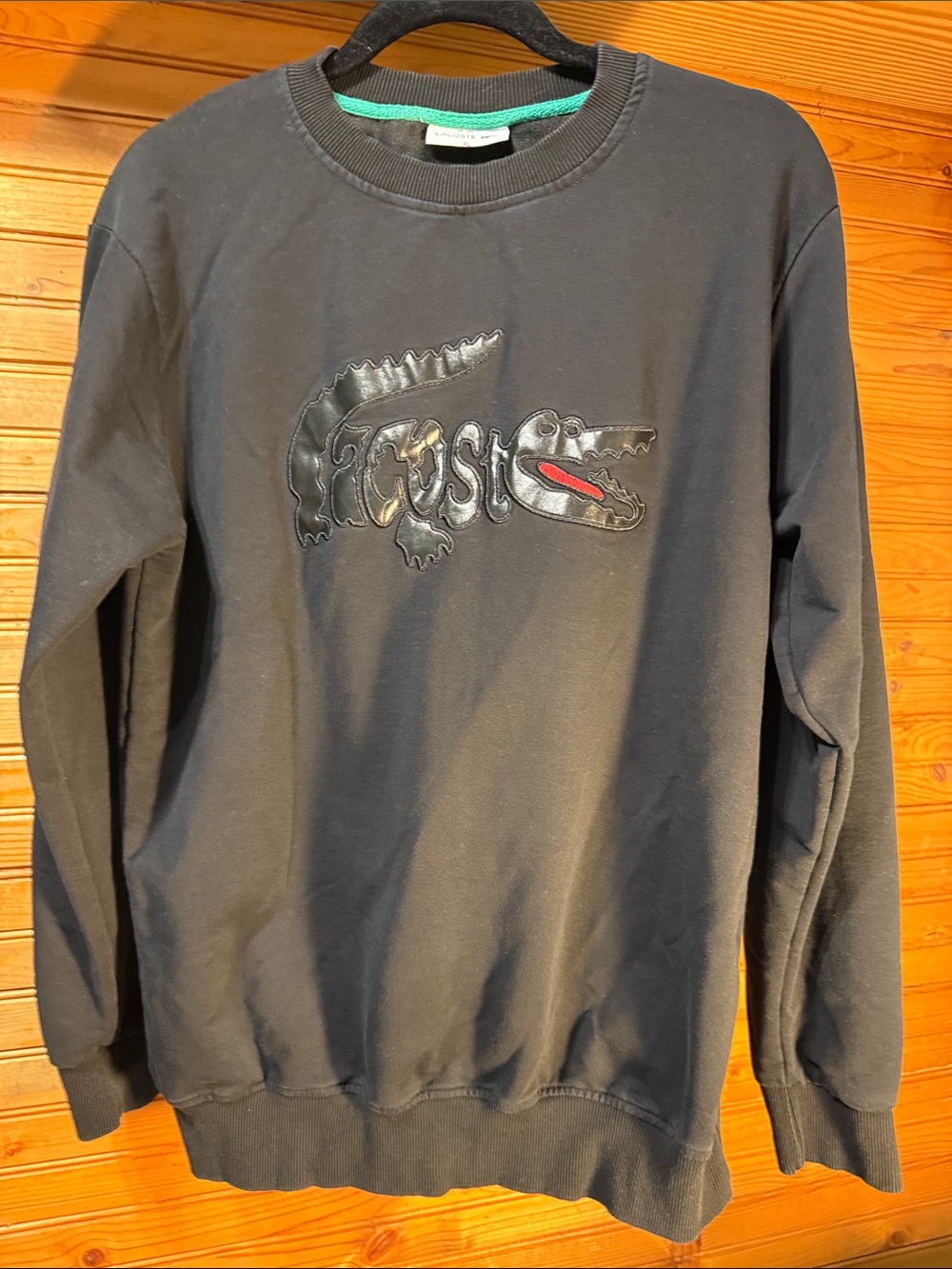 Lacoste Black Crewneck lightweight Sweatshirt with Glossy Crocodile Applique